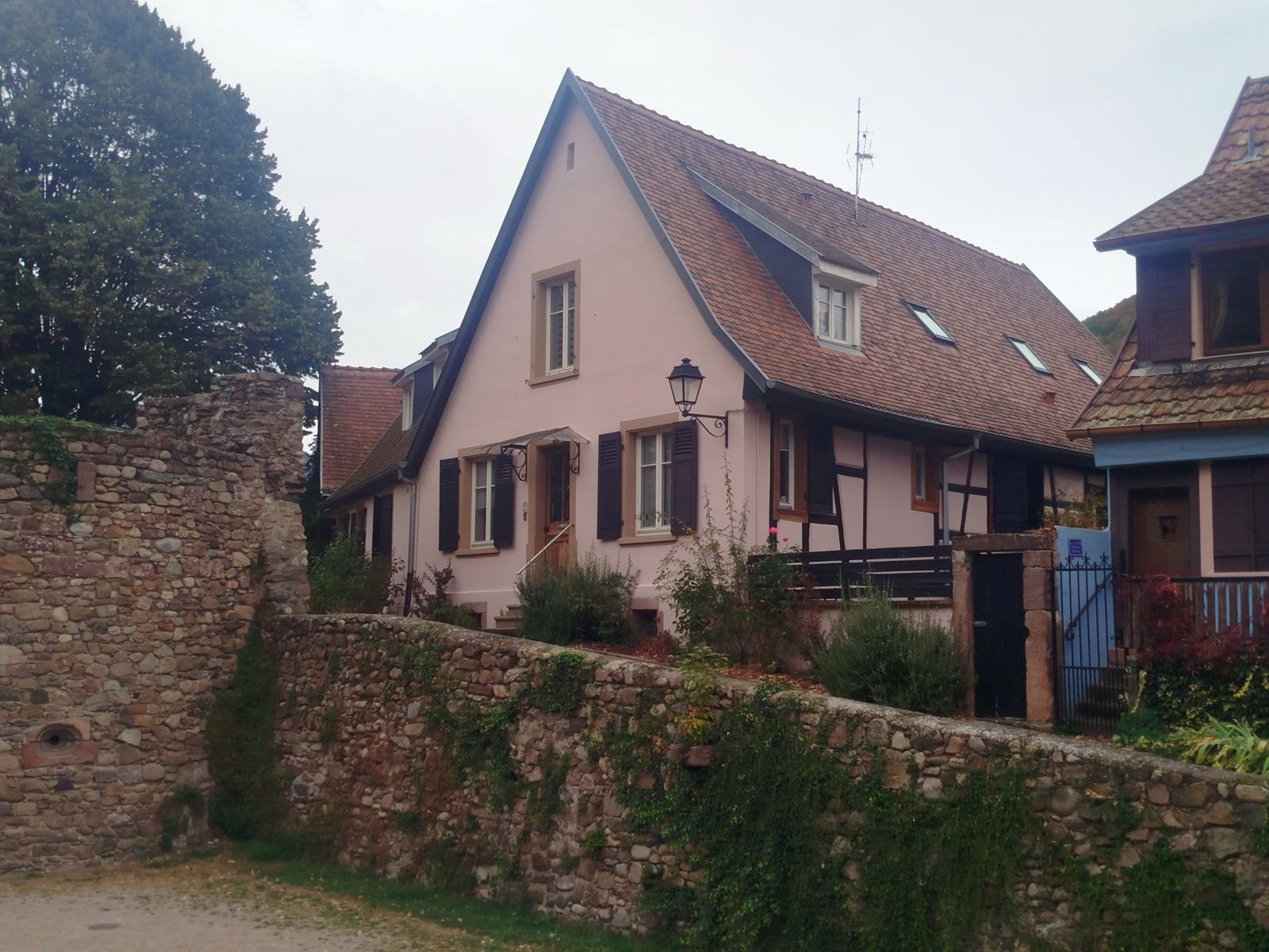 Maison alsacienne rose derrière un mur en pierre